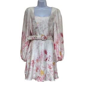BCBG Maxazria Pink White Floral Satin Mini Dress Belted Pockets NWT 16 $348 MSRP
